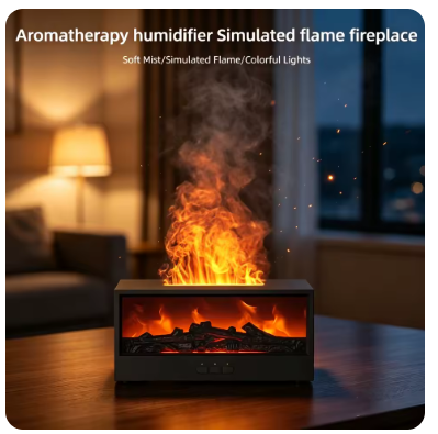 Black tabletop fireplace-style diffuser with illuminated mist