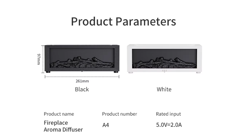 White and black tabletop aroma diffusers with size diagram