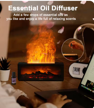 Black fireplace-style diffuser shown with essential oil illustration