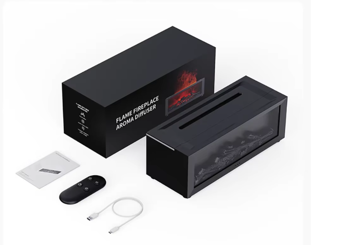 Black fireplace-style aroma diffuser with box, manual, cable and remote shown
